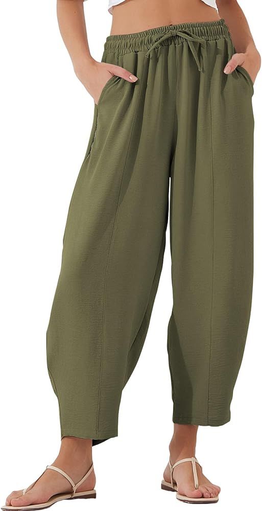 EVALESS Women's Summer High Waisted Baggy Pants Casual Ankle Length Trouser Slacks with Pockets | Amazon (US)