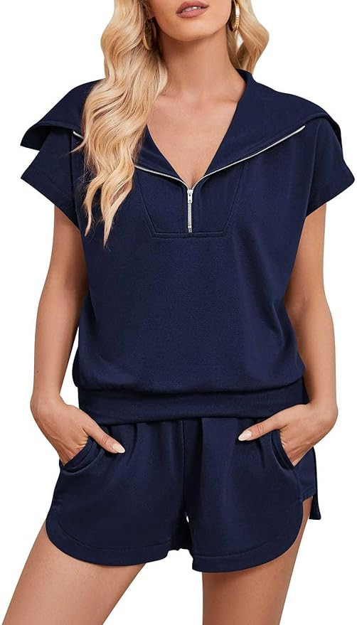 Pink Queen Women 2 Piece Outfits Lounge Sets 2023 Half Zip Short Sleeve Sweatshirt High Waisted S... | Amazon (US)