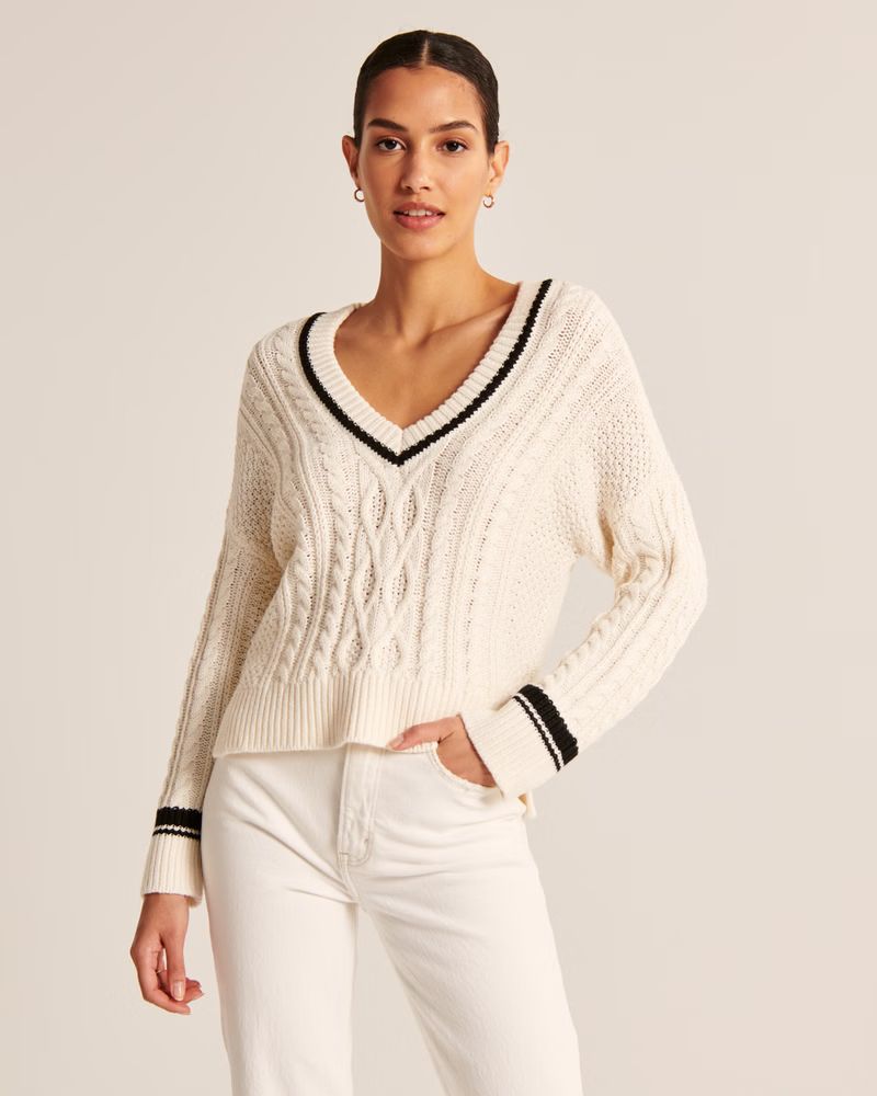 Women's Tipped Slouchy Cable V-Neck Sweater | Women's Clearance | Abercrombie.com | Abercrombie & Fitch (US)
