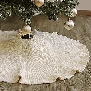 LimBridge Knitted Christmas Tree Skirt: 36 Inches Cream White Tree Skirt, Lotus Leaf Edge Cable K... | Amazon (US)