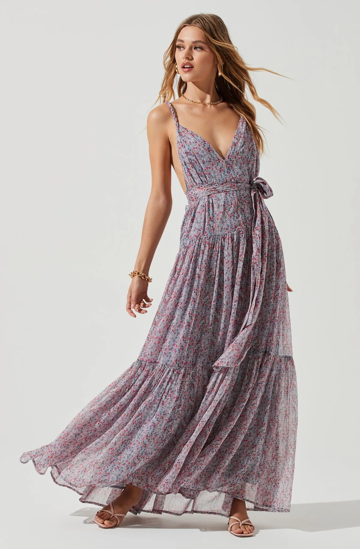 Eartha Floral Plunge Tie Waist Maxi Dress | ASTR The Label (US)