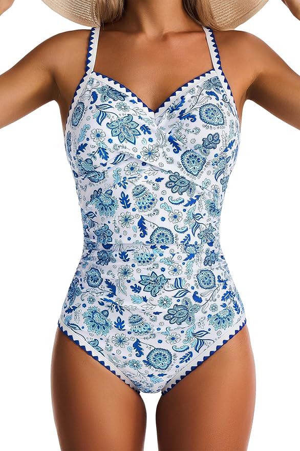 Women's One Piece Swimsuits Tummy Control V Neck Bathing Suit Tie Back Push Up Swim Suit Shell St... | Amazon (US)