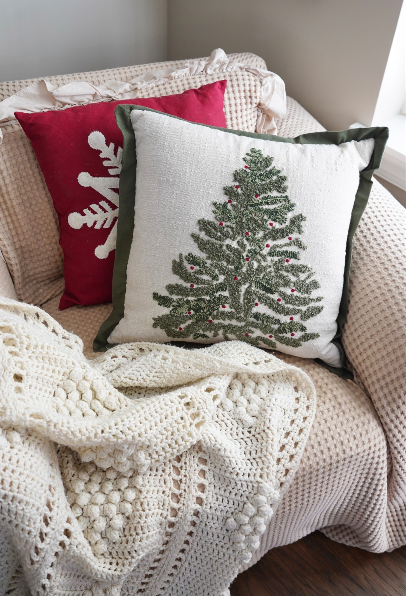 Better Homes and Gardens Christmas tree pillow from Walmart for under $19! Sooo good in person!! Christmas 2025. Christmas pillow. Cozy Christmas. 

#LTKSeasonal #LTKHoliday #LTKHome