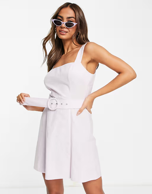 Miss Selfridge linen look belted slip dress in lilac | ASOS (Global)