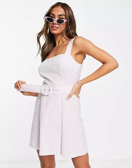 Miss Selfridge linen look belted slip dress in lilac | ASOS (Global)