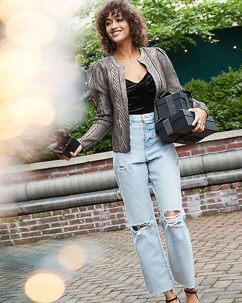 Super High Waisted Ripped Raw Hem Modern Straight Jeans | Express