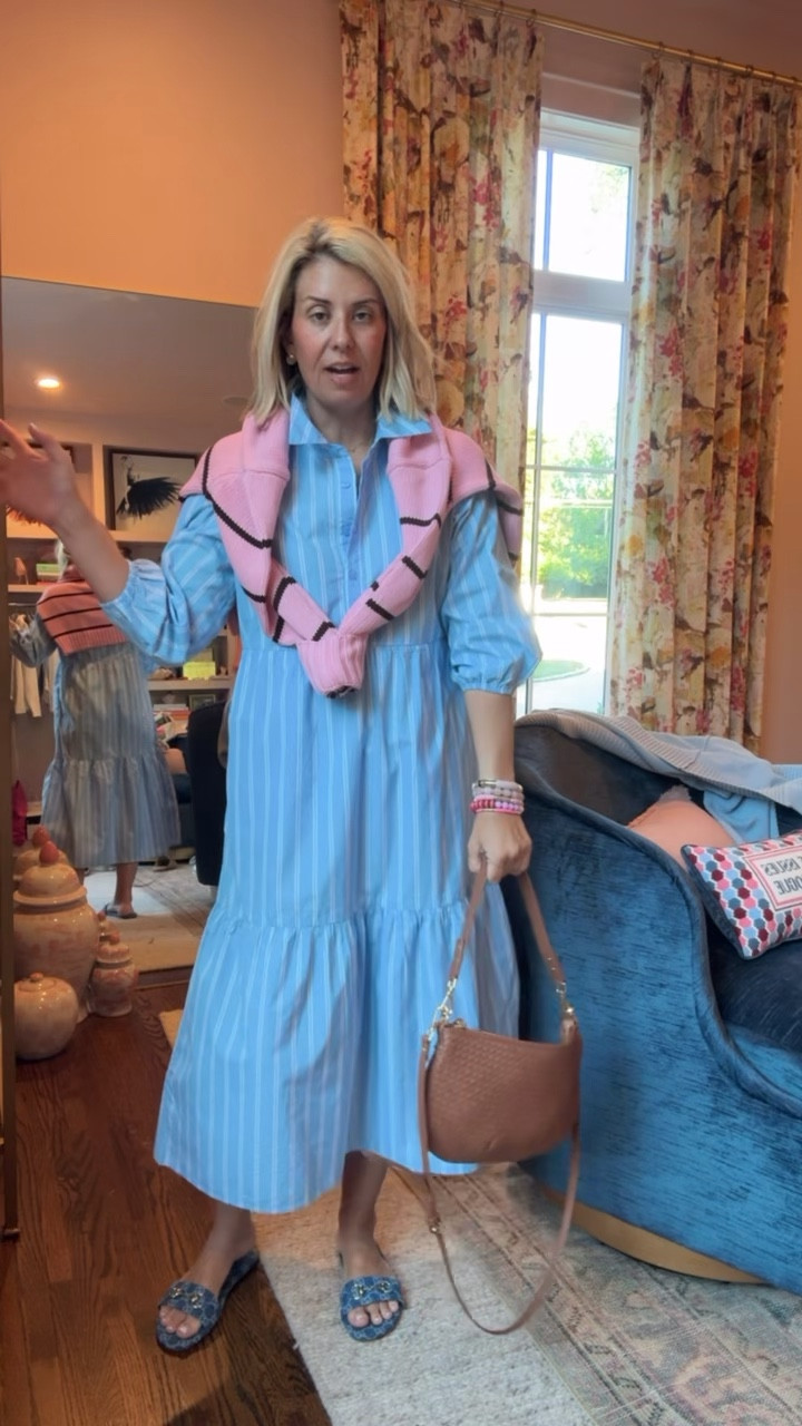 Showing you how we take a great dress and style it! Add your accessories, a statement necklace, earrings, a layering piece with a pop-up color, a bag and done! ￼
Dress & Sweater - xs 
Sandals - 38.5 (I size up 1/2)
Bag - small
*Use Catherine20 at A+B


#LTKmomlife #LTKstorytime #LTKdayinmylife