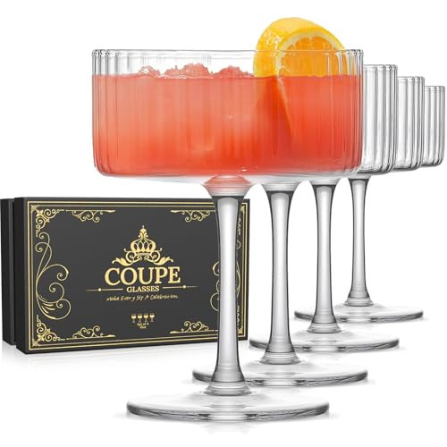 Ribbed Coupe Glasses Set of 4, Hand Blown 10 oz Vintage Cocktail Glasses, Vintage Art Deco Martini Glasses Set with Present Box for Espresso Martini, Champagne, Cosmopolitan, Manhattan, Cocktail Party | Amazon (US)