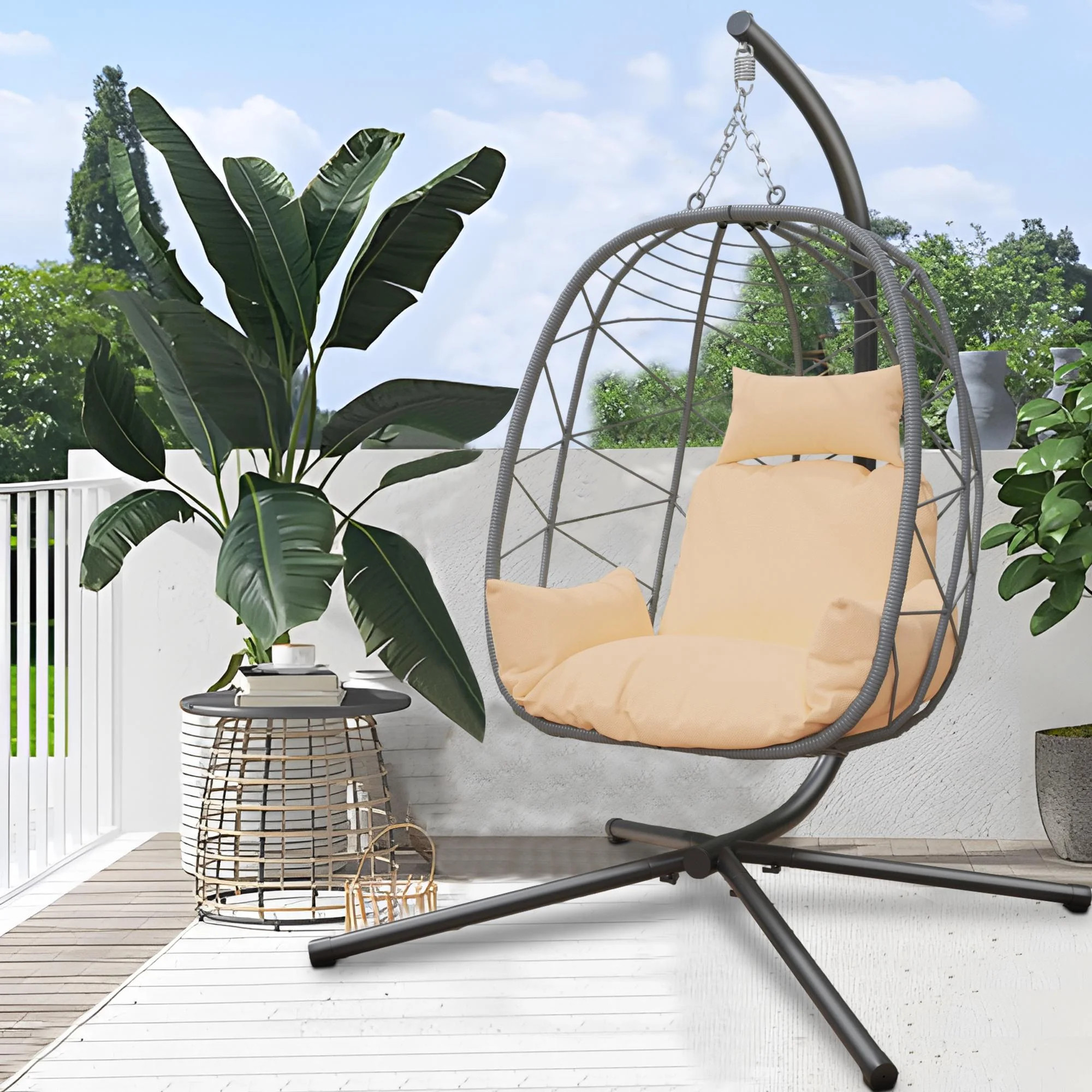 Outdoor Egg Chair, Patio Wicker Swing Egg Chair with Stand, Steel Frame, Soft Cushion and Pillow ... | Walmart (US)