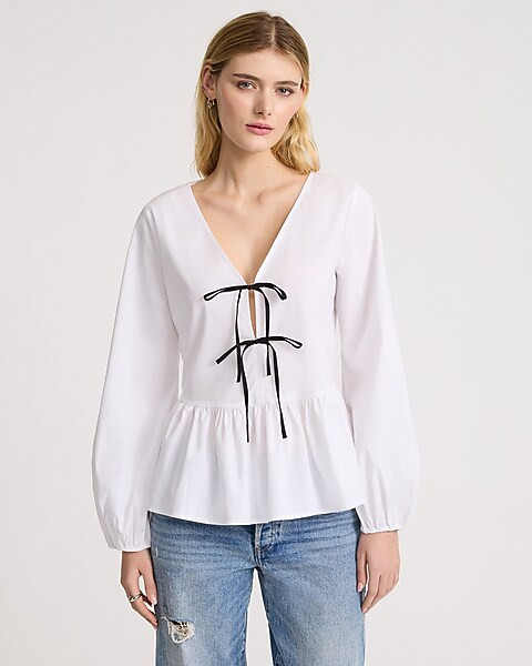 Tie Front Long Sleeve Peplum Top | Express