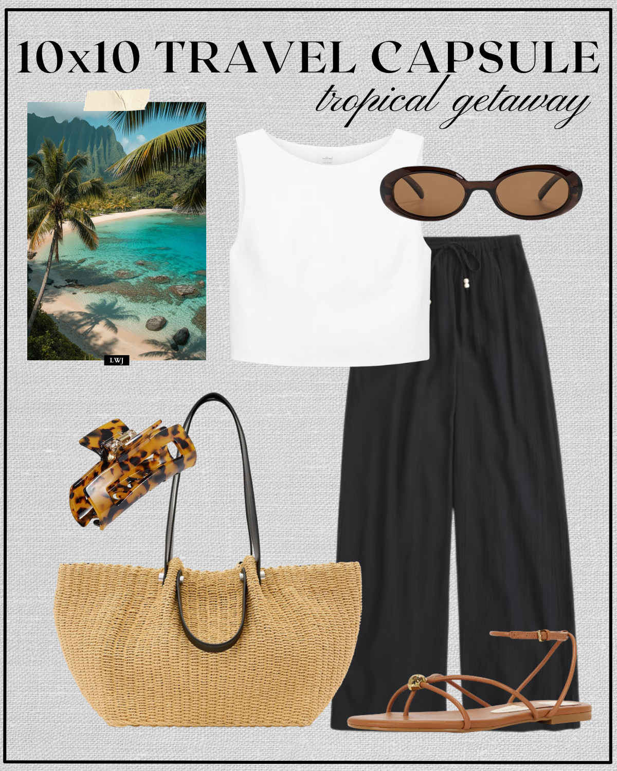tropical getaway outfit

white linen crop top / black pull on pants / straw tote / tortoise shell hair claw / strappy sandals / sunglasses / beach outfit  

 #LTKSeasonal #LTKTravel