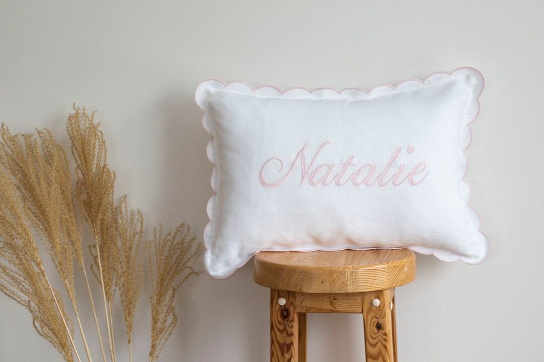 Scalloped Edge Snow White Pillow Cover in Pale Pink or Blue Personalized Embroidered Name 12x18 I... | Etsy (US)
