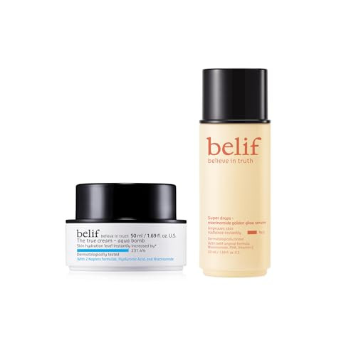 belif The True Cream Aqua Bomb & Super Drops Glow Serum Bundle, Lightweight Hydrating Daily Moisturizer, 2-in-1 Hydrating & Brightening Niacinamide Vitamin C Serum Makeup Primer, Korean Skin Care | Amazon (US)