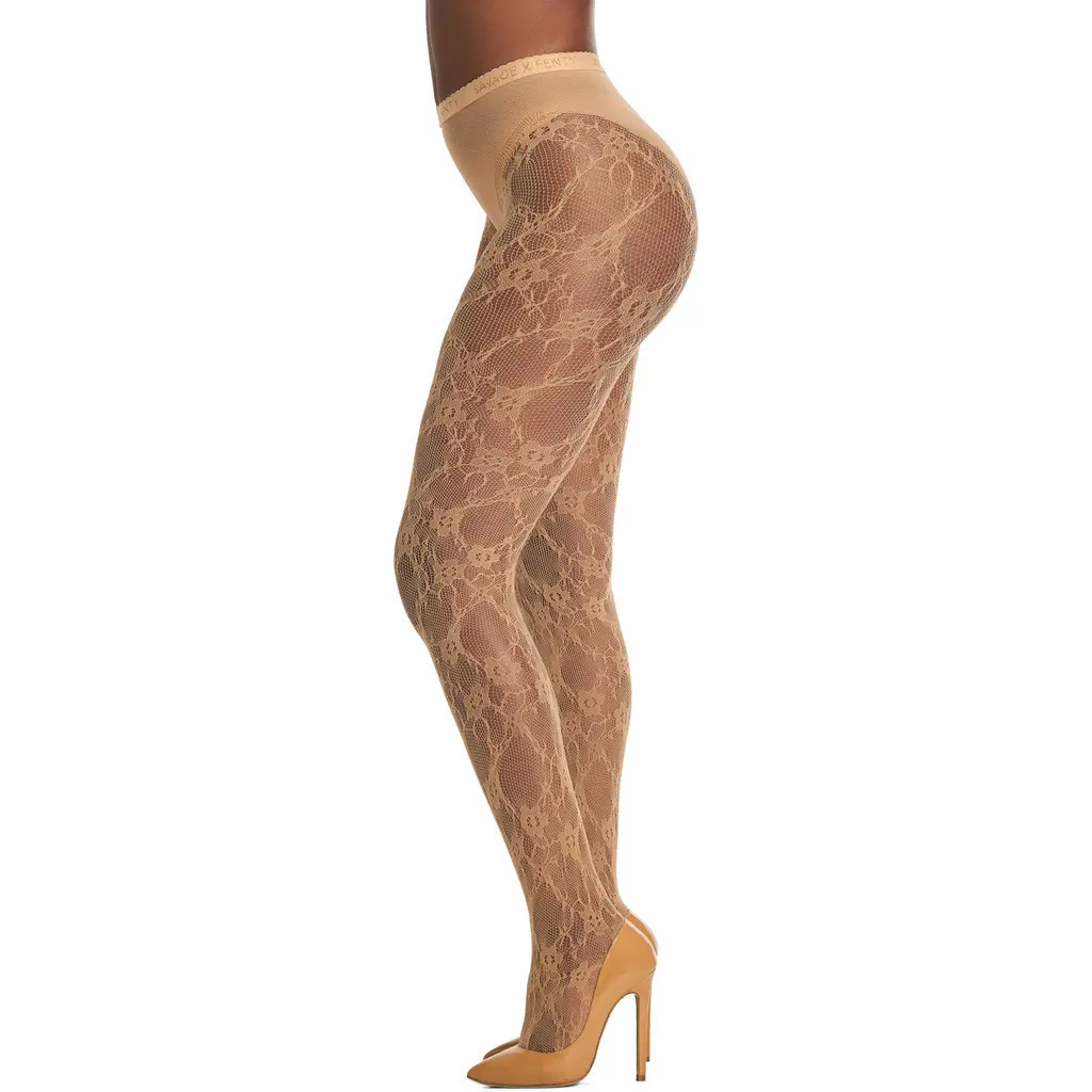 SAVAGE X FENTY Savage X Lace Floral Sheer Tights in Sweet Latte Nude at Nordstrom, Size 2X | Nordstrom