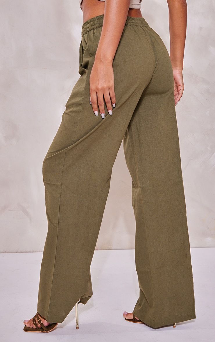 Khaki Linen Look Seam Detail Wide Leg Pants | PrettyLittleThing US