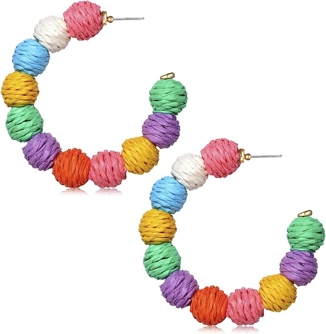 Rattan Earrings Statement Rattan Hoop Earrings for Women Woven Bohemian Earrings Handmade Straw Wick | Amazon (US)