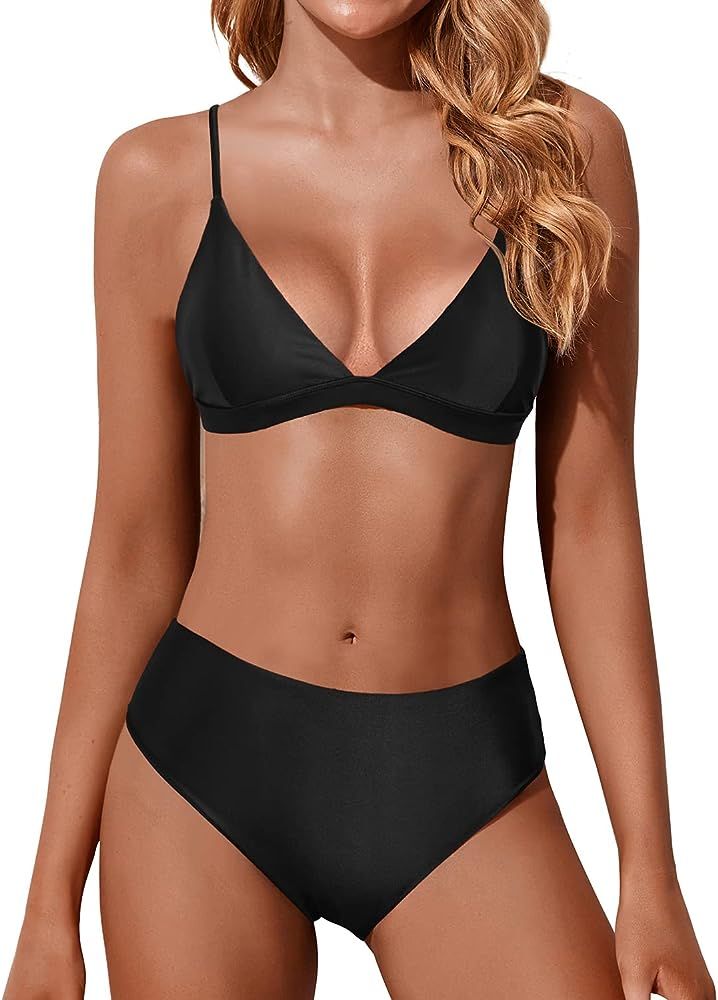 Pinup Fashion Two Piece High Waisted Bikini for Women Bathing Suit Swimsuits Sexy Triangle Bikini Se | Amazon (US)