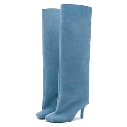 Yishaweiqi Blue Suede Knee High Boots for Women Square Toe Stiletto Heel Long Boots Pull On Tall Boots Wide-Calf Stylish Comfortable Fall Boots | Amazon (US)