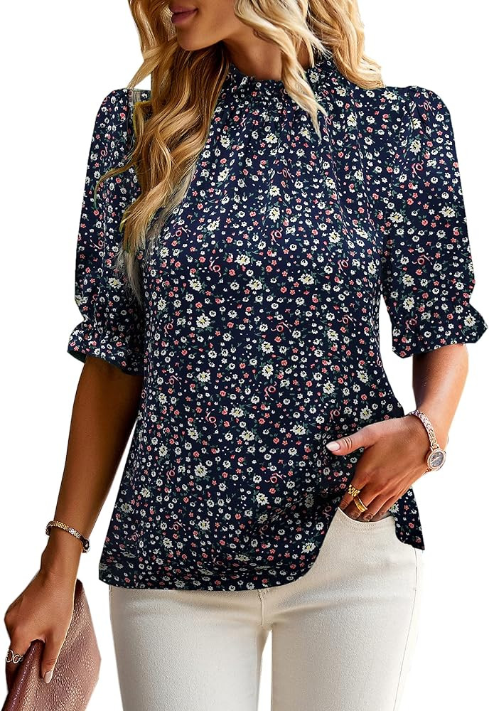 ZILIN Women's Summer Boho Floral Shirt Top Ruffle Mock Neck Puff Short Sleeve 2024 Casual Blouses | Amazon (US)