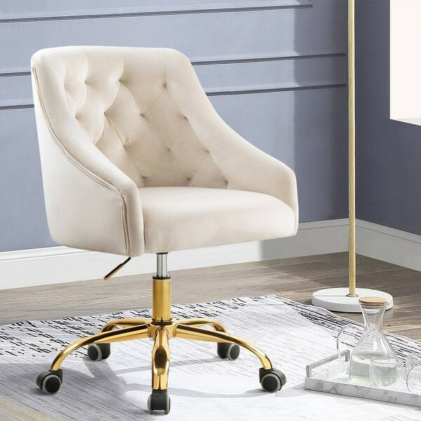 Velvet Swivel Upholstered adjustable height Home office Chair With Golden Legs - Beige | Bed Bath & Beyond