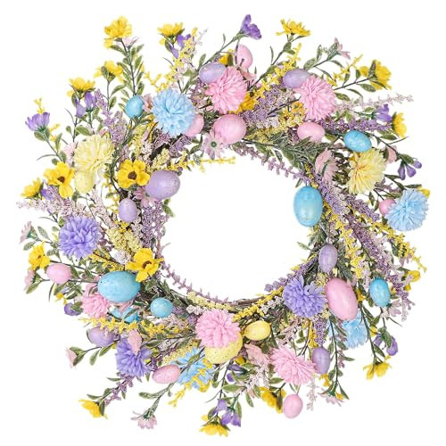 Aneco 24 Inch Easter Wreath Spring Artificial Flower with Colorful Eggs Hydrangeas Daisies Eucalyptus Leaves for Easter Spring Home Window Wall Door Decor Holiday Supplies | Amazon (US)