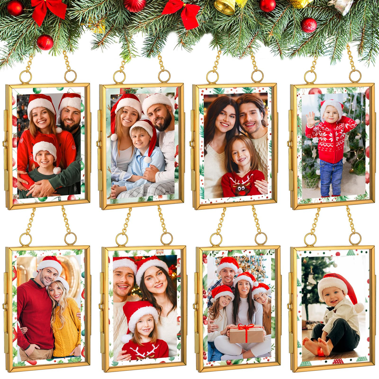 Qunclay 8 Sets Christmas Picture Frame Ornaments Vintage Brass Glass Frames with Locket Closure 3... | Amazon (US)