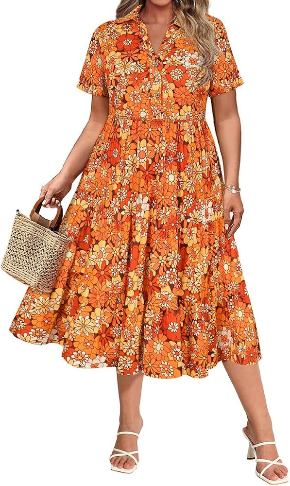 CARCOS Plus Size Dresses for Curvy Women Collared Vneck Short Sleeve Dresses Midi Summer Ruffle D... | Amazon (US)
