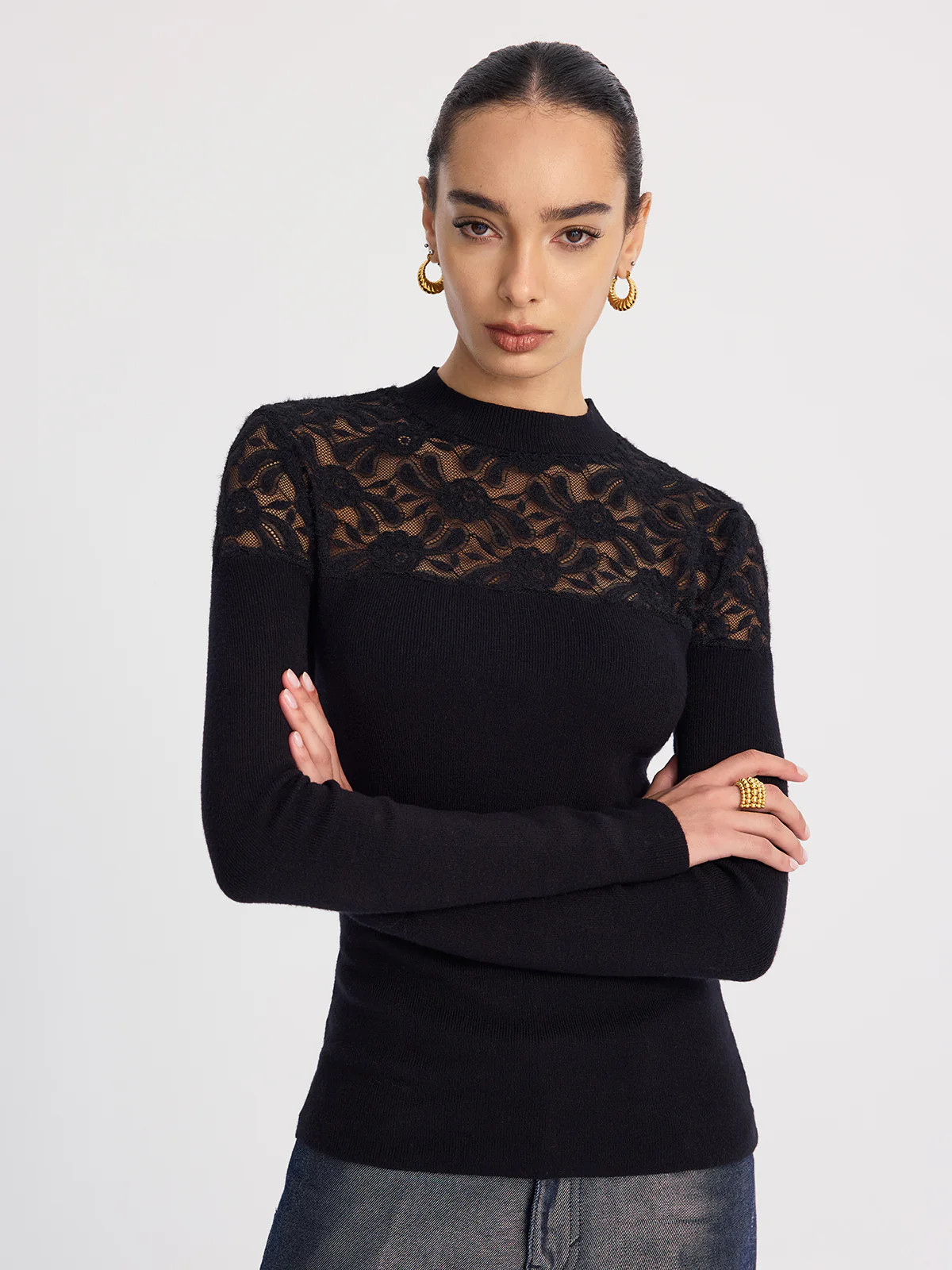Sheer-Lace Paneled Knit Sweater | Commense