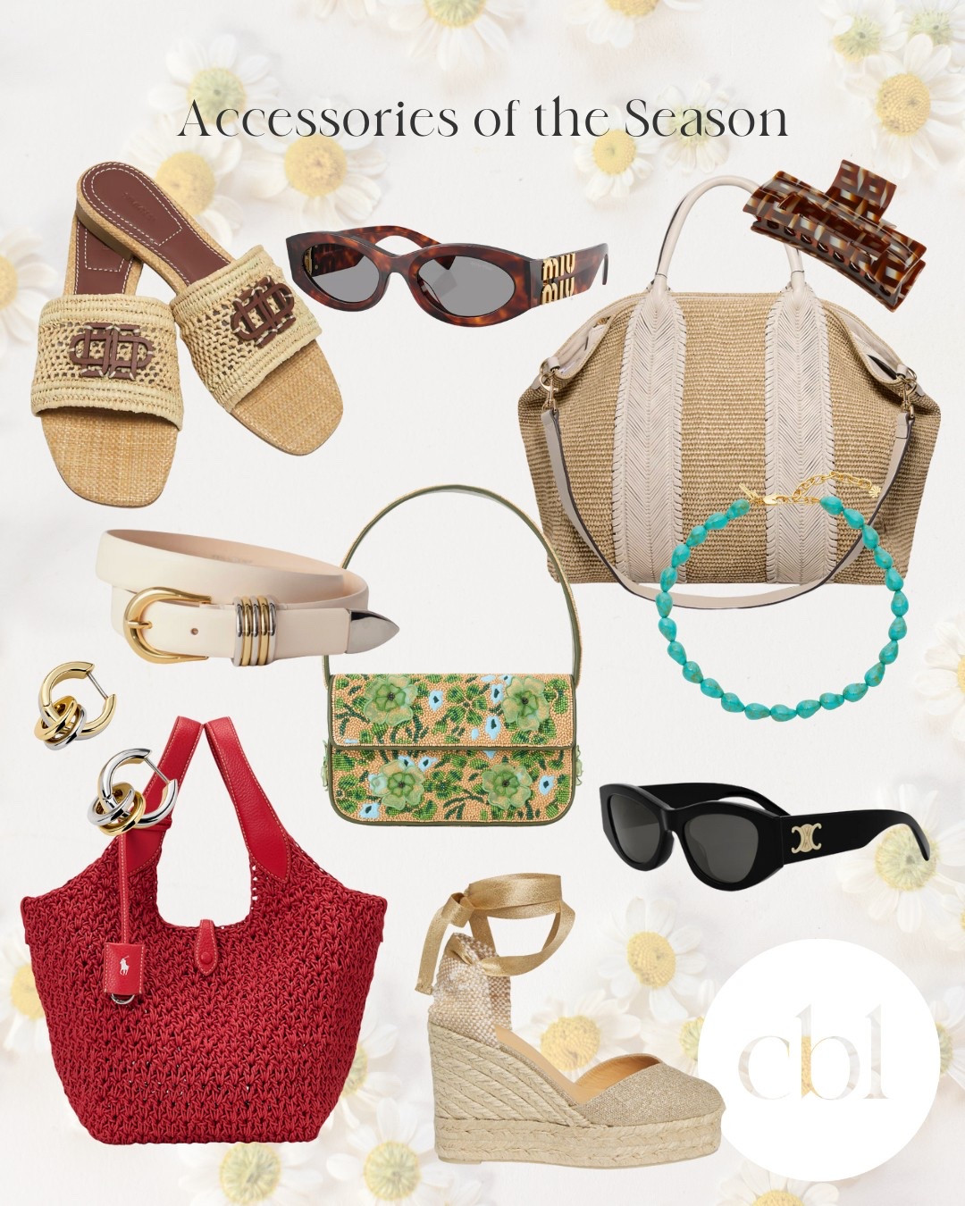 This collection of accessories features a stylish array of items perfect for warm weather. The woven straw sandals offer a casual yet chic look, while the black sunglasses add a touch of sophistication. The straw handbag, adorned with a turquoise beaded necklace, brings a pop of color and texture, making it a standout piece. The white leather belt with a gold buckle provides a sleek finish to any outfit, complemented by the elegant gold hoop earrings. The green beaded purse and red woven tote bag add versatility, allowing for different styling options. Lastly, the beige espadrille wedges combine comfort with style, making them ideal for spring outings. 

#LTKShoeCrush #LTKU #LTKSeasonal