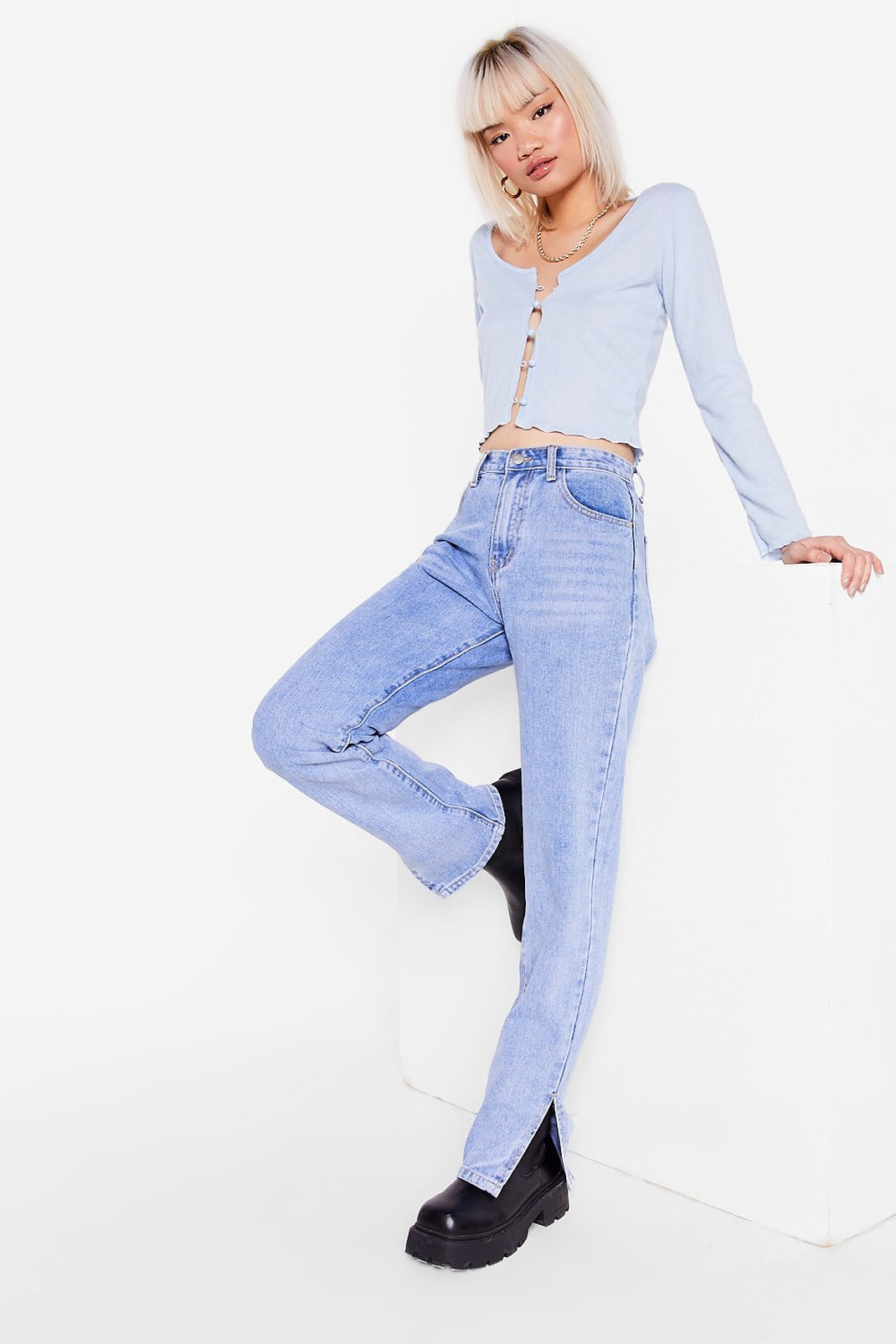 Petite High Waisted Slit Hem Jeans | Nasty Gal (US)