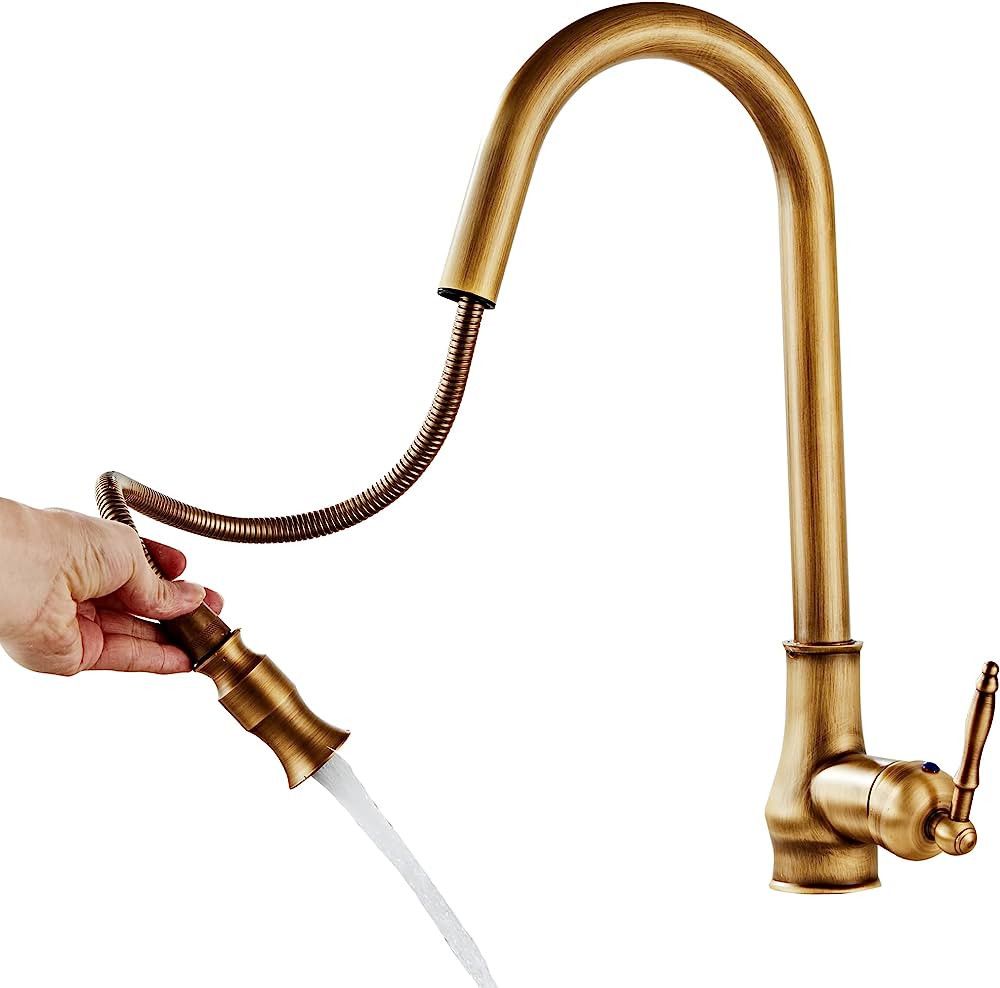 Vintage Brass Antique Bronze Kitchen Faucet,Single Hole Copper Widespread Mixer Taps with Pull Do... | Amazon (US)