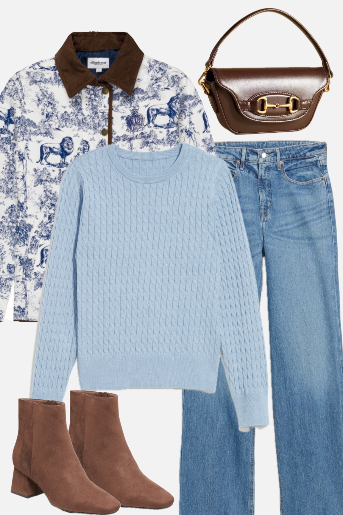 Early Fall transitional outfit. I love brown and blue together for fall and since chocolate brown is trending the color combos opportunities are endless. 

fall outfit. Blue and white. Chocolate brown. Chocolate brown outfit. Chocolate brown boots. Ankle boots. Fall boots. Brown fall boots. Suede boots. Suede. Brown suede boots. Chocolate brown purse. Jeans. Straight leg jeans. Cable knit sweater. Cable knit. Brown and blue. Chocolate brown and blue. Fall trends. Toile. Toile jacket. Barn jacket. Fall jacket

#LTKSeasonal #LTKWorkwear #LTKFindsUnder50