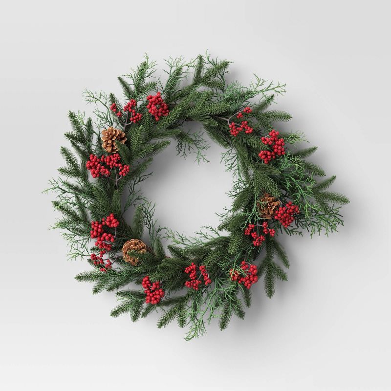 Pine and Red Berry Wreath Green - Threshold&#8482; | Target