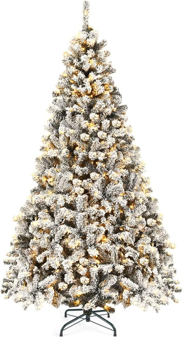 Goplus 7.5ft Pre-Lit Artificial Christmas Tree, Premium PVC Snow Flocked Hinged Pine Tree with Me... | Amazon (US)