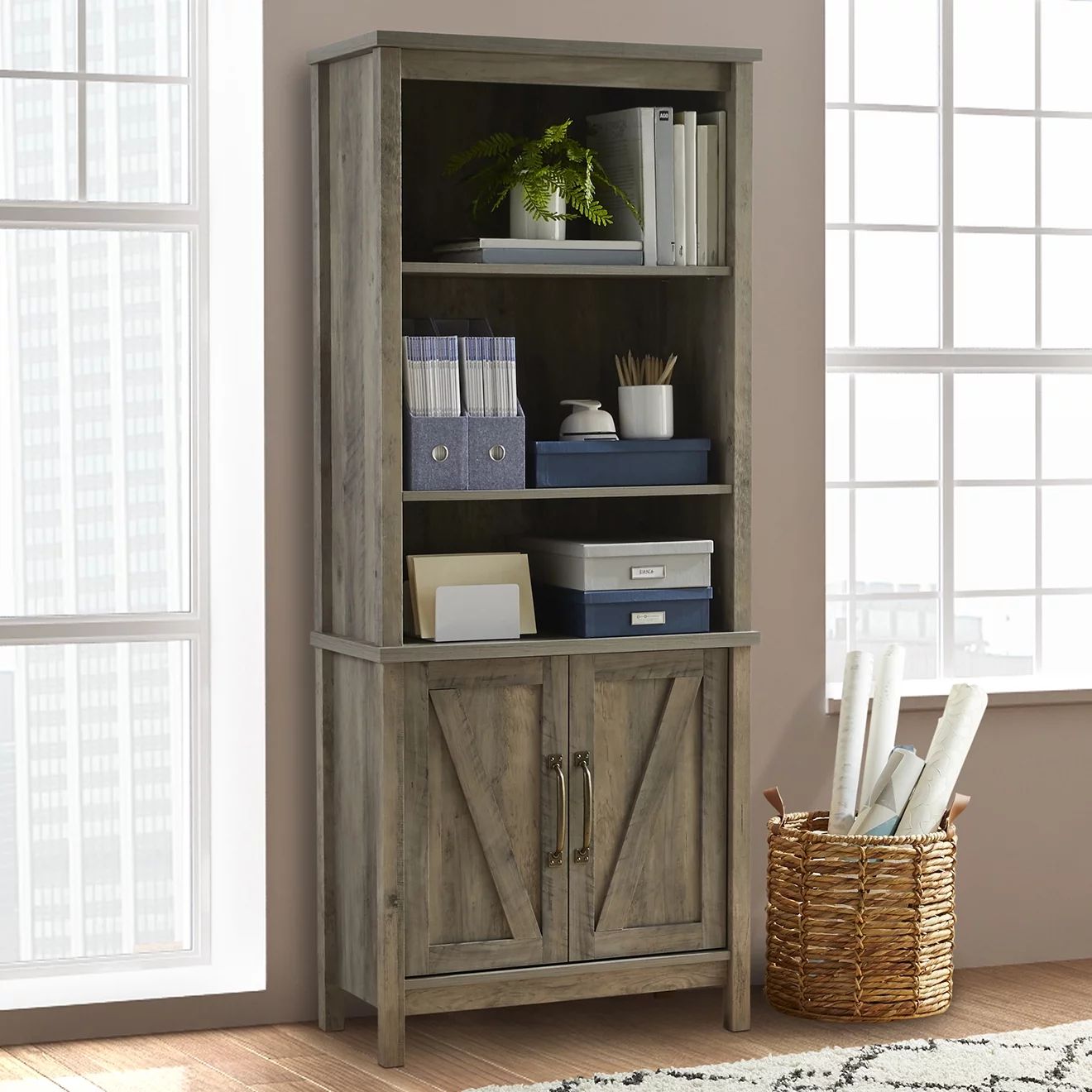Better Homes & Gardens Modern Farmhouse 5 Shelf Library Bookcase with Doors, Rustic Gray Finish | Walmart (US)