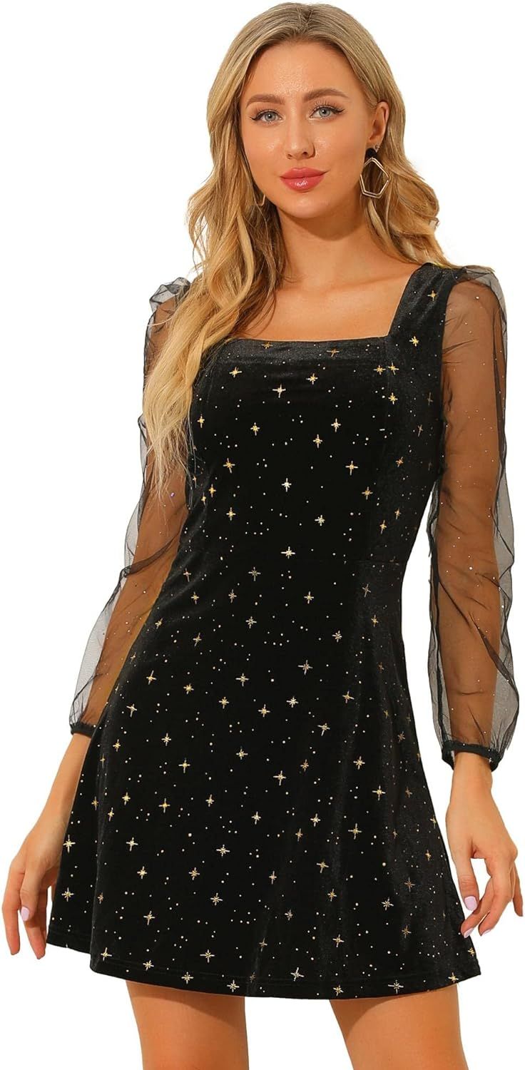 Allegra K Women's Mesh Sheer Puff Long Sleeve Square Neck Glitter Star Mini Velvet Dress | Amazon (US)