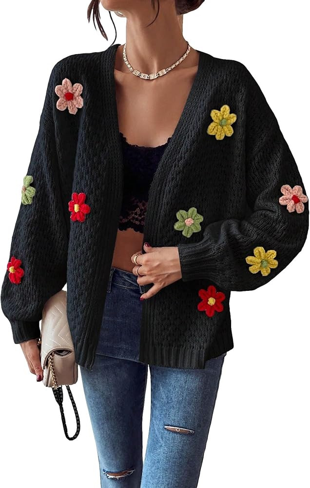 SHENHE Women's Cropped Cardigan Open Front Long Sleeve Ribbed Knit Cute Sweater Floral Black A S | Amazon (US)