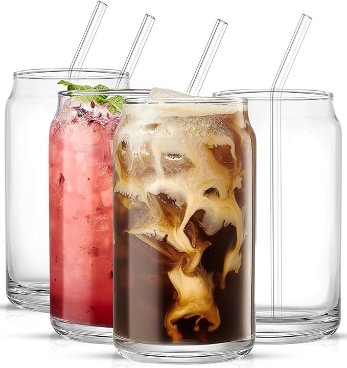 Drinking Glasses Set of 4 - Can Shaped Glass Sake Cups with Straws, 16oz Iced Coffee Glasses, Ice... | Amazon (US)