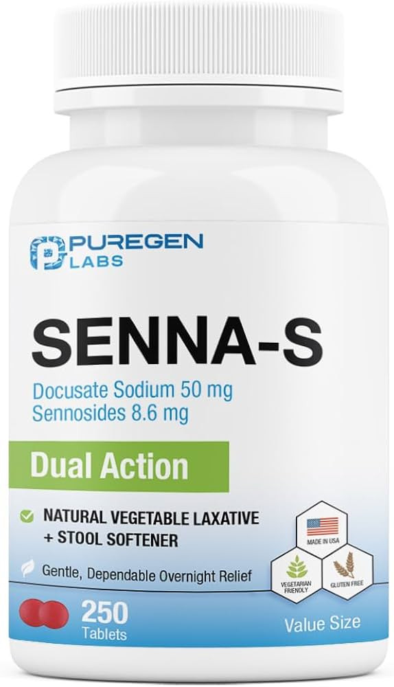 Puregen Labs Senna-S Natural Vegetable Laxative Plus Stool Softener Dual Action - 250 Tablets Sen... | Amazon (US)
