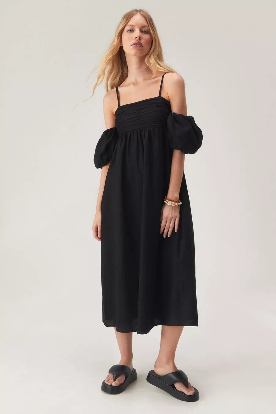 Strappy Puff Sleeve Linen Mix Midi Dress | Nasty Gal US