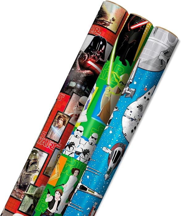 Hallmark Star Wars Wrapping Paper with Cut Lines on Reverse (3-Pack: 60 sq. ft. ttl) with Yoda, D... | Amazon (US)