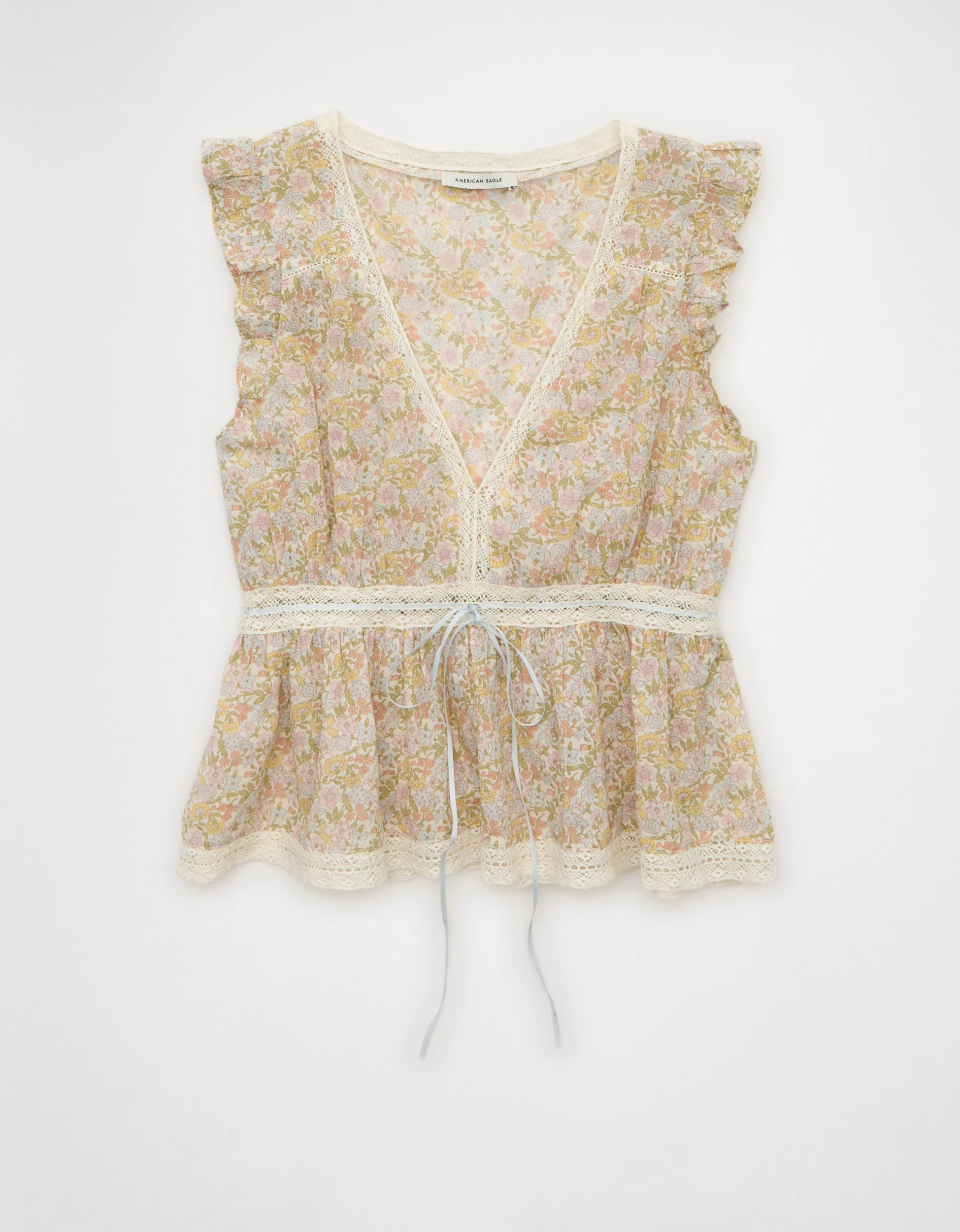 AE Lace Trim Flutter Sleeve Blouse | American Eagle Outfitters (US & CA)