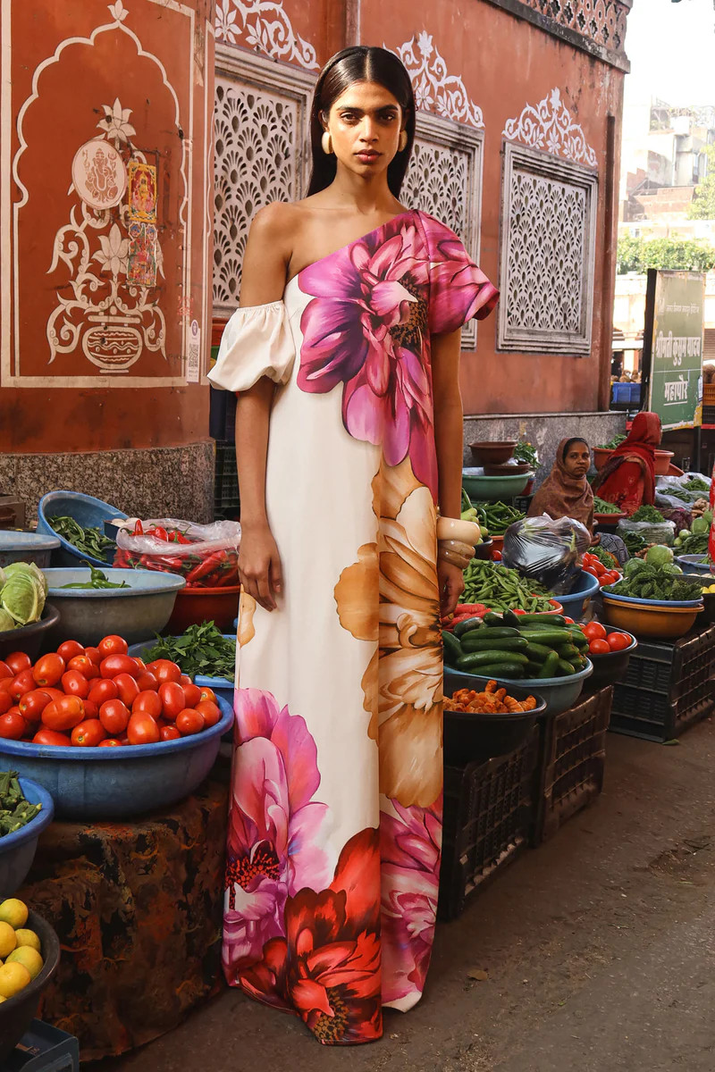 Anastasia  Large Multi-Floral Print Asymmetric-Neck Maxi Dress | Club L London