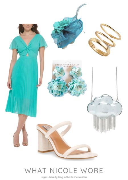 Another Kentucky Derby outfit: a turquoise dress with flutter sleeves and a turquoise and teal fascinator for watching the horse races. Set of gold rings, stacking rings, statement purse, turquoise statement earrings, drop earrings for spring, what to wear for Kentucky derby

#LTKwedding #LTKstyletip #LTKsalealert