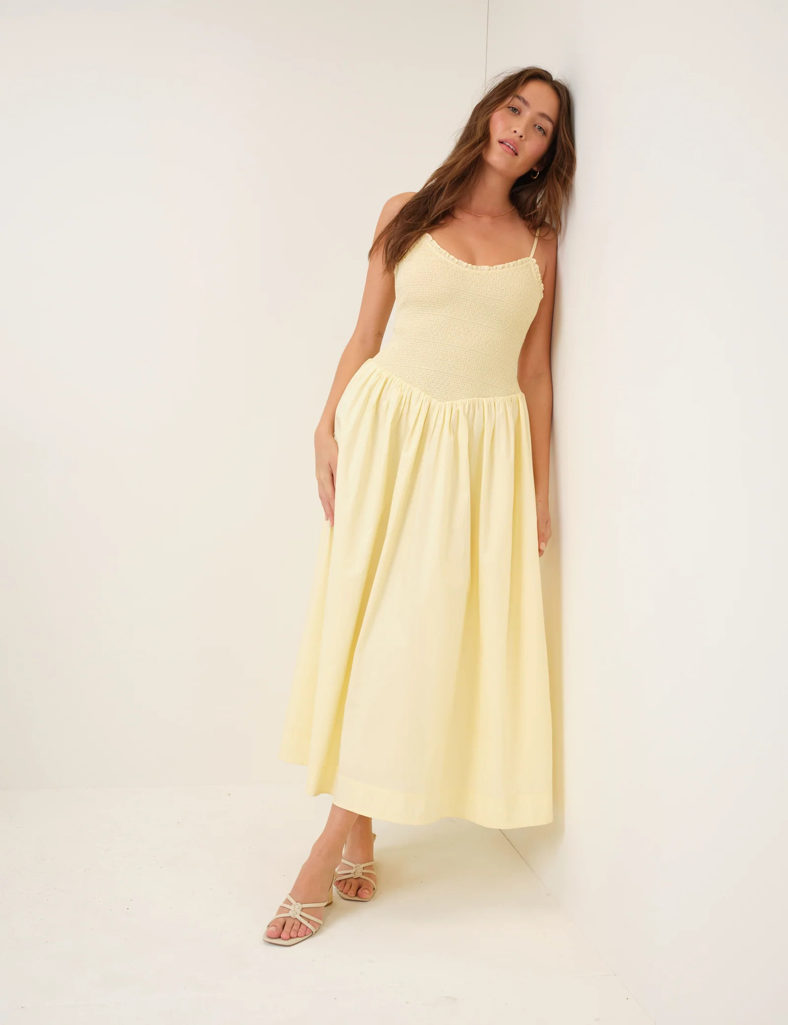 Butter Yellow Shirred Drop Waist Daisy Midi Dress | Nobody's Child