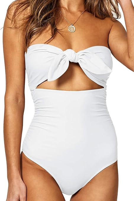 BOOSOULY Women's Beandeau Tie Knot Front Cut Out High Waist One Piece Swimsuits | Amazon (US)