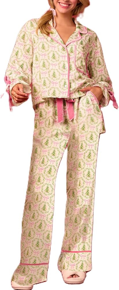 Amiblvowa Women Graphic Print Christmas Set Pajamas Bow Tie Cuff Long Sleeve Shirt Pj Pants Xmas ... | Amazon (US)