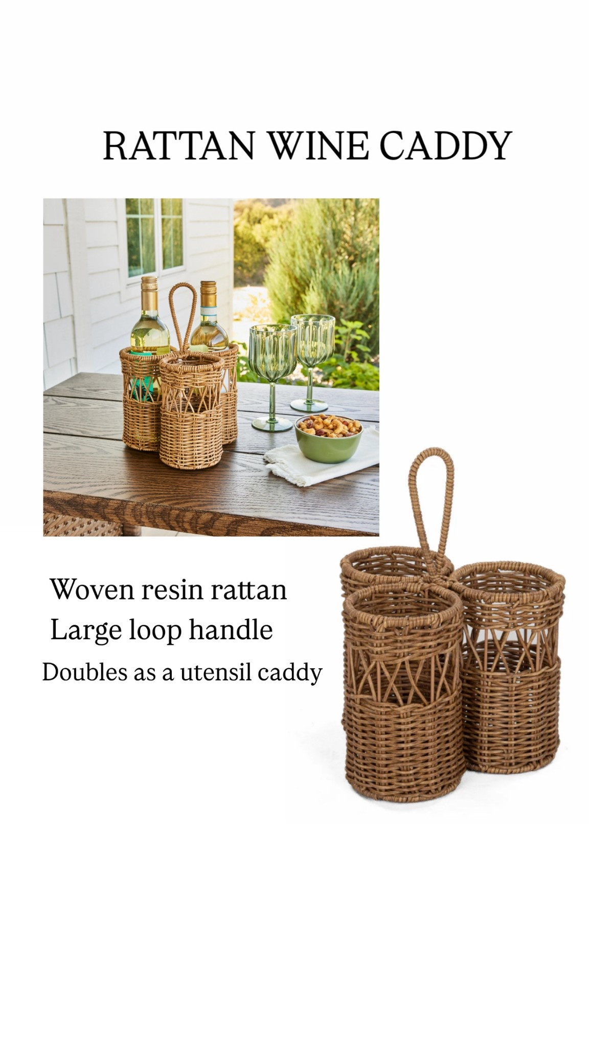 Rattan wine caddy that can double as a utensil holder (reminds me of a similar one from McGee & Co)

Woven resin rattan
Large loop handle
Doubles as a utensil caddy

#LTKSeasonal #LTKHome #LTKFindsUnder50