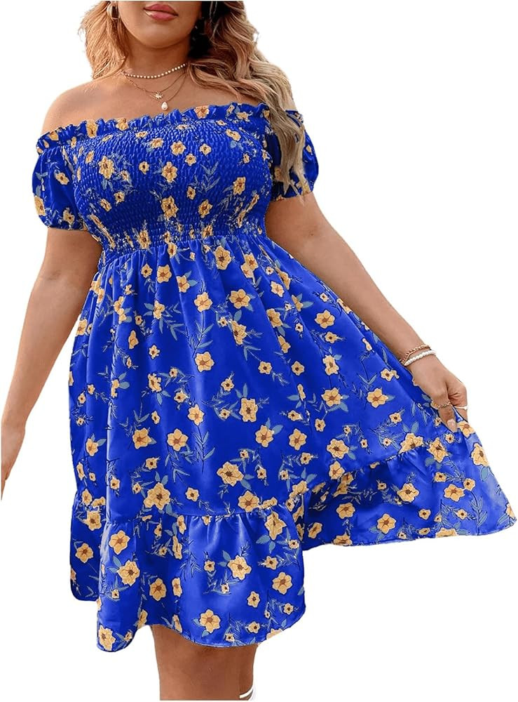 Floerns Women's Plus Size Ruffle Off Shoulder Floral Print Short Summer Dress | Amazon (US)