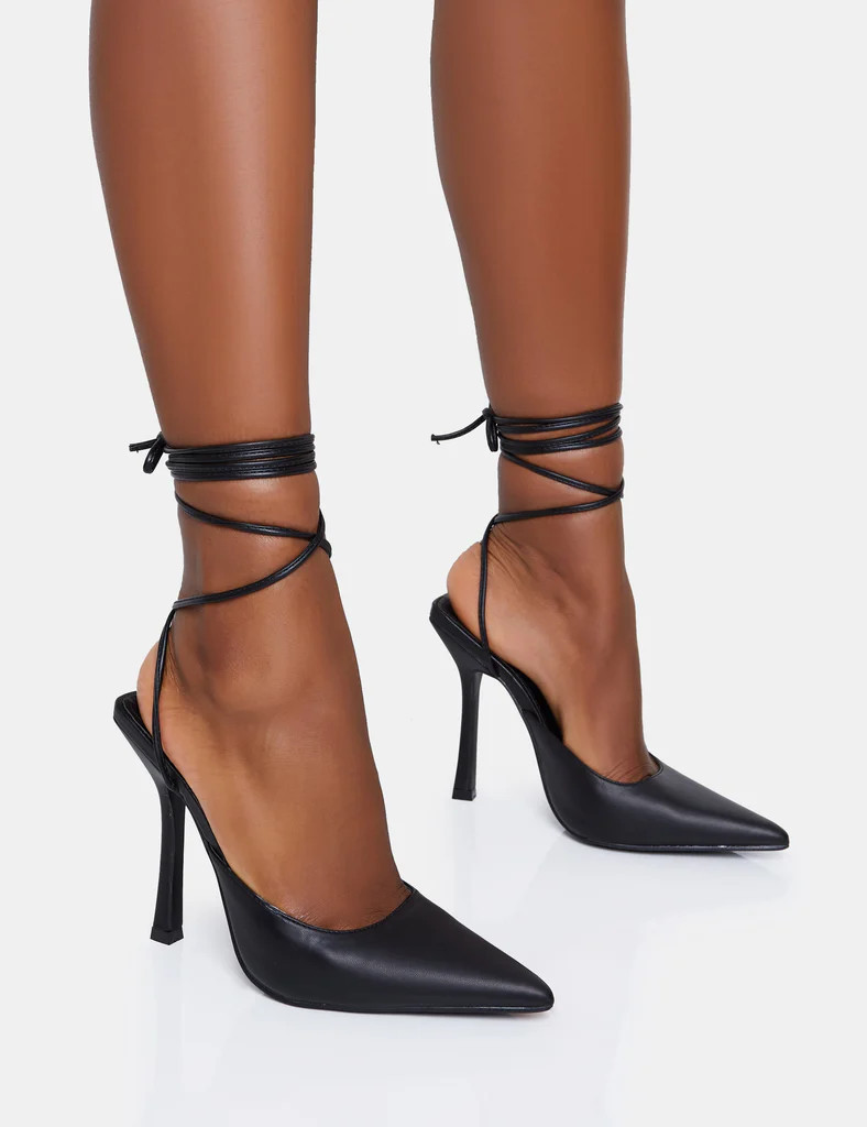 Verity Black Pu Slingback Lace Up Pointed Court Stiletto Heels | Public Desire